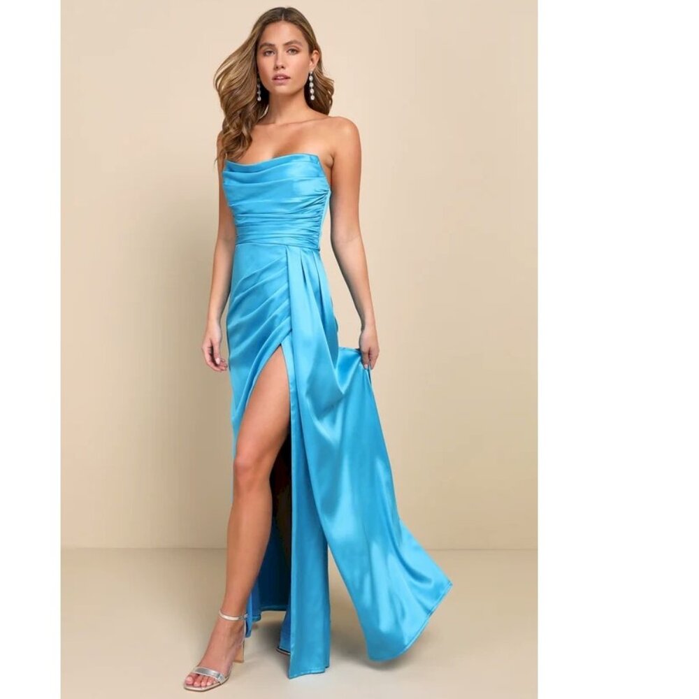 Lulu's Strapless Satin Maxi Dress in Bright Aqua Blue